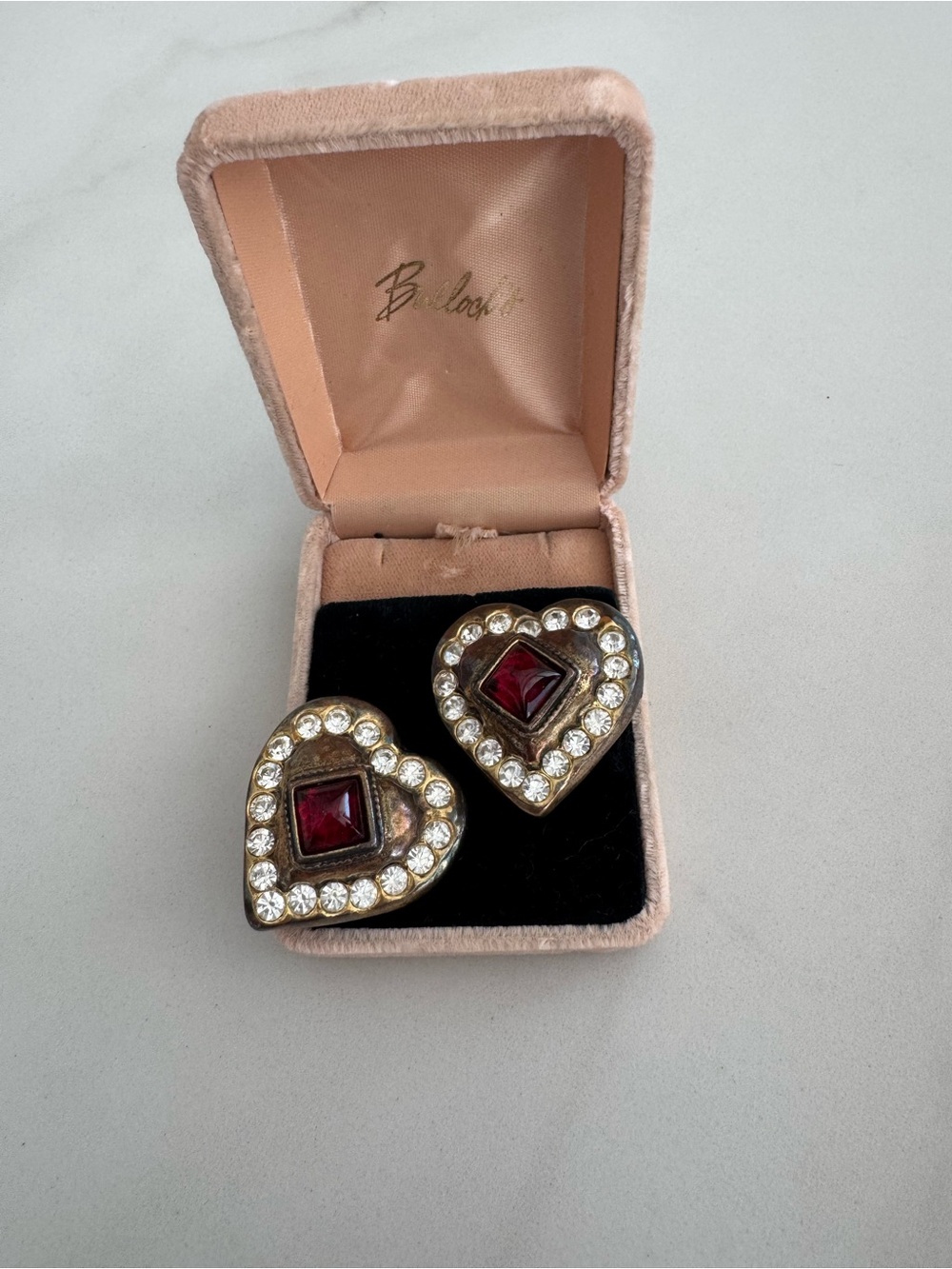 Gold-Tone Heart Earrings with Ruby Center and Clear Crystals